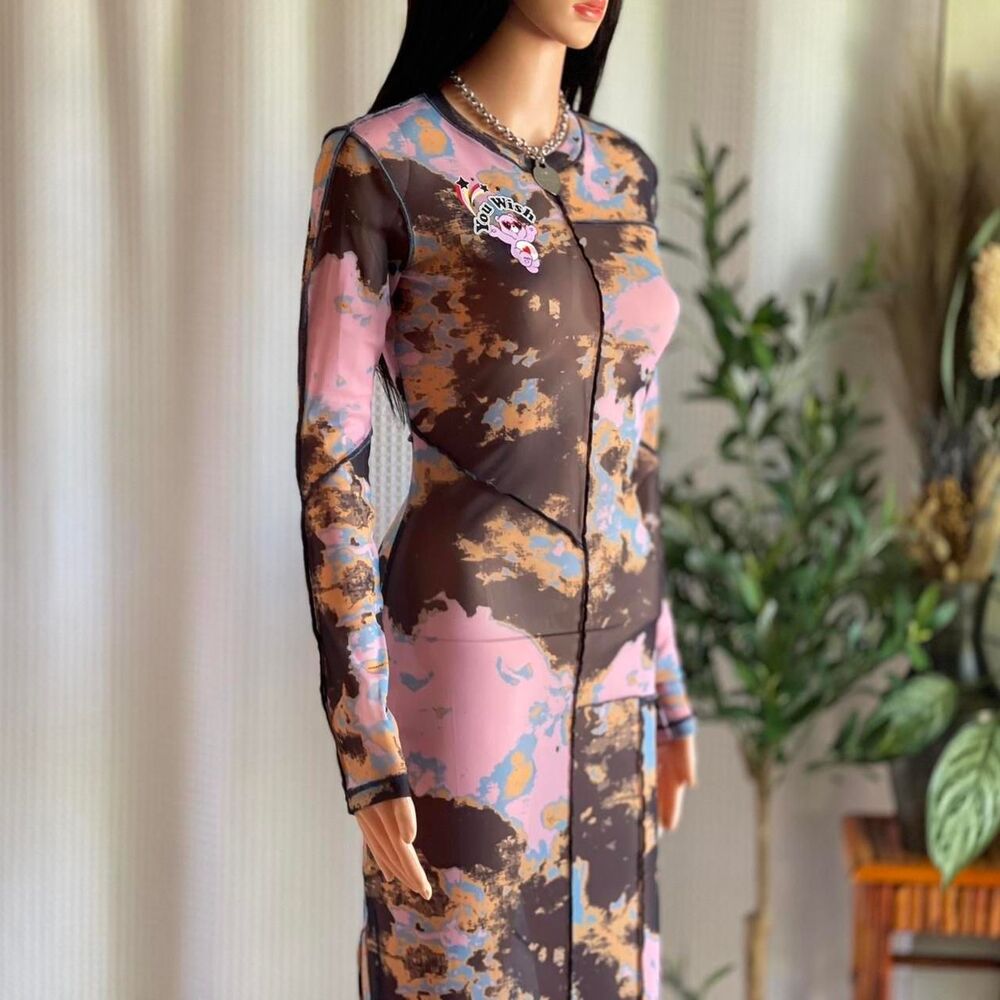 NWOT Care Bears Tie‎ Dye Sheer Mesh Maxi Dress Long Sleeve Grunge Bodycon Size S